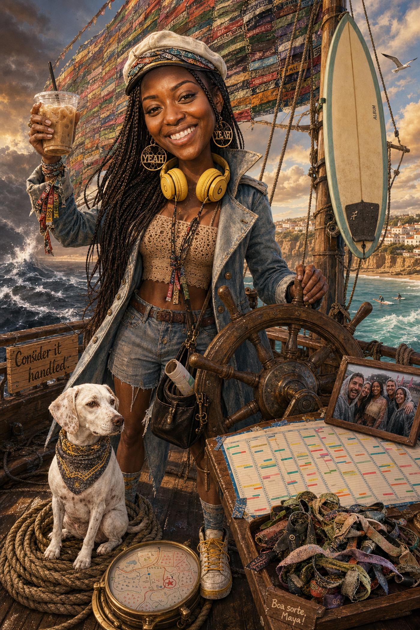 Maya's story portrait: a woman with long braids and yellow headphones at the helm of a small ship, its sail stitched from festival wristbands, a spotted dog beside her, a wall planner on the deck and the Portuguese coast behind.