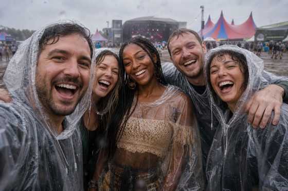 The reference photo: five colleagues in rain ponchos at a festival, laughing at the camera.